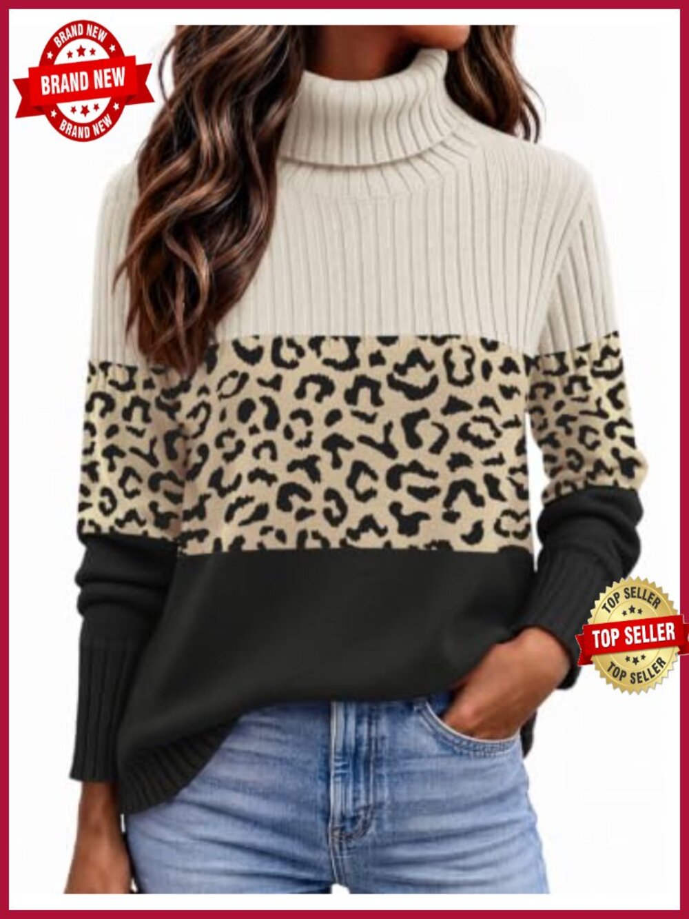 Turtleneck Sweater Chunky Knit Pullover Ribbed Long Sleeve